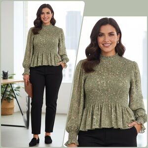 Ophelia Roe Floral Green Smocked Women's Top Size 3X